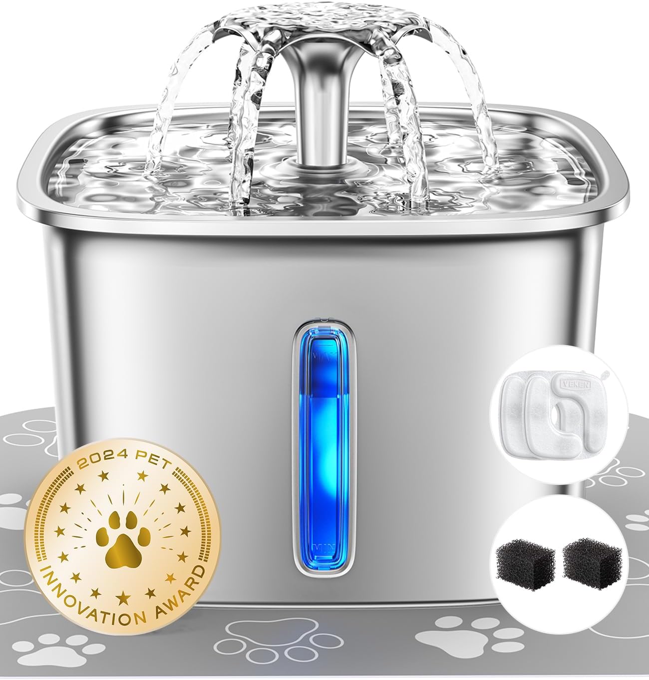 👉 Veken Stainless Steel Cat Water Fountain – 95oz/2.8L Automatic Pet Fountain with Filters & Mat, Award-Winning Design for Cats & Dogs