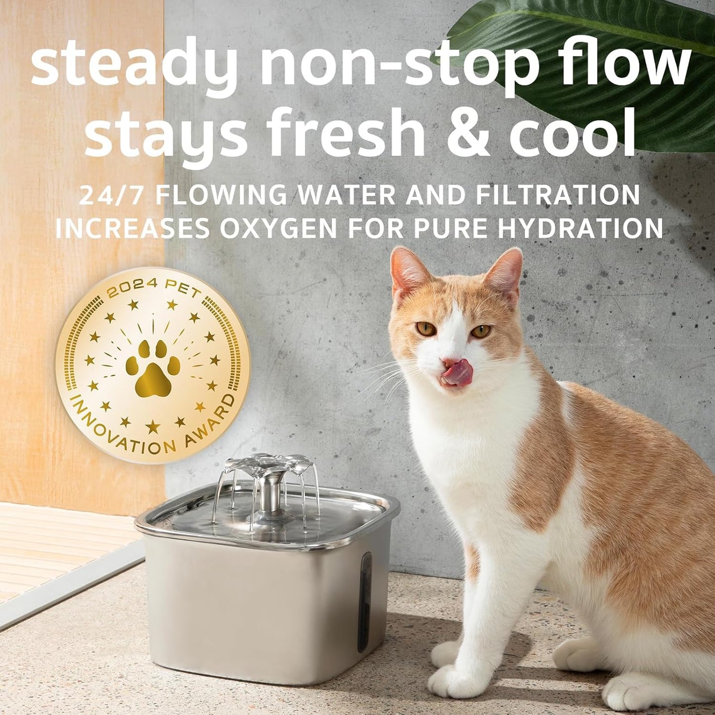 👉 Veken Stainless Steel Cat Water Fountain – 95oz/2.8L Automatic Pet Fountain with Filters & Mat, Award-Winning Design for Cats & Dogs