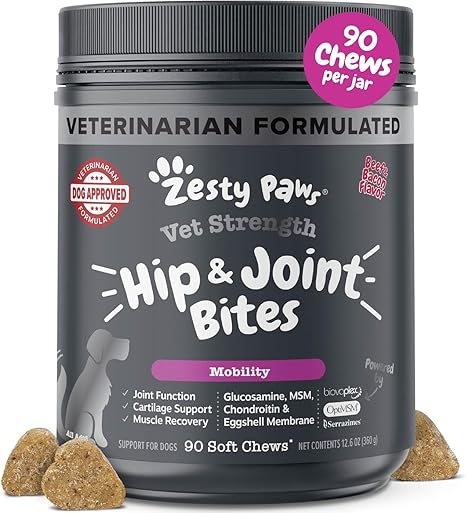 Zesty Paws Hip & Joint Supplement for Dogs – Glucosamine, Chondroitin, MSM & Vitamins, Bacon Flavor, 90 Chews