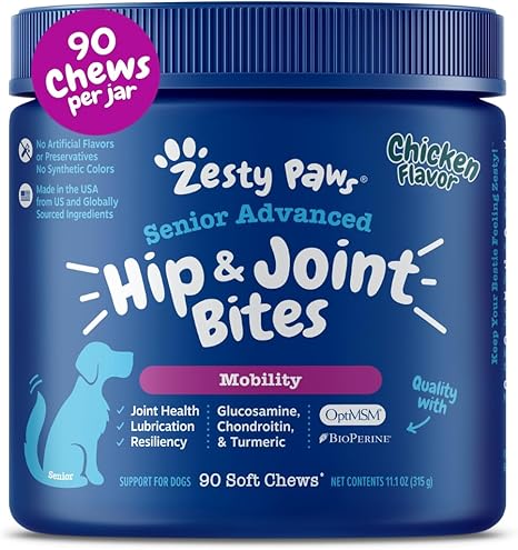 Zesty Paws Hip & Joint Supplement for Dogs – Glucosamine, Chondroitin, MSM & Vitamins, Bacon Flavor, 90 Chews