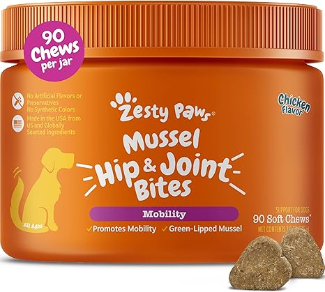 Zesty Paws Hip & Joint Supplement for Dogs – Glucosamine, Chondroitin, MSM & Vitamins, Bacon Flavor, 90 Chews