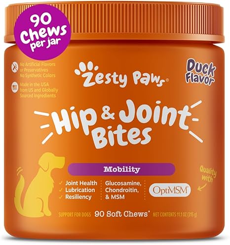 Zesty Paws Hip & Joint Supplement for Dogs – Glucosamine, Chondroitin, MSM & Vitamins, Bacon Flavor, 90 Chews