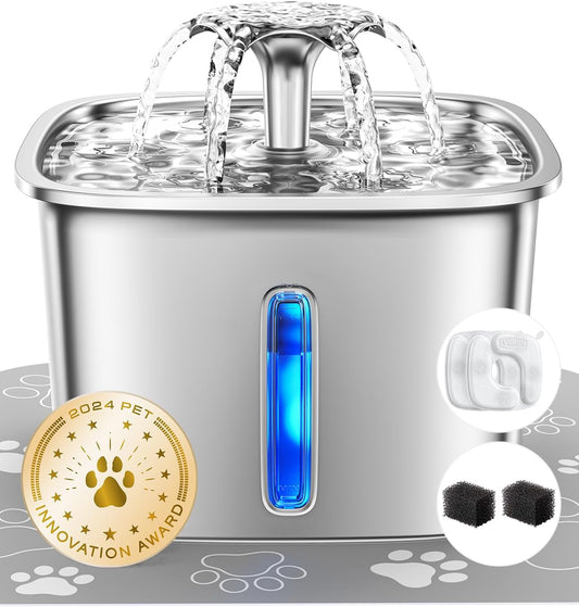 👉 Veken Stainless Steel Cat Water Fountain – 95oz/2.8L Automatic Pet Fountain with Filters & Mat, Award-Winning Design for Cats & Dogs