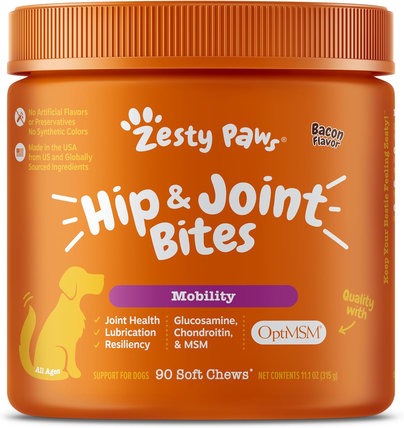 Zesty Paws Hip & Joint Supplement for Dogs – Glucosamine, Chondroitin, MSM & Vitamins, Bacon Flavor, 90 Chews