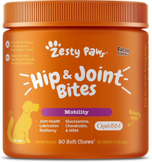 Zesty Paws Hip & Joint Supplement for Dogs – Glucosamine, Chondroitin, MSM & Vitamins, Bacon Flavor, 90 Chews