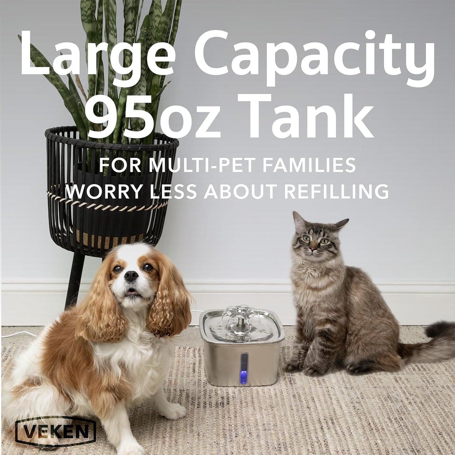👉 Veken Stainless Steel Cat Water Fountain – 95oz/2.8L Automatic Pet Fountain with Filters & Mat, Award-Winning Design for Cats & Dogs