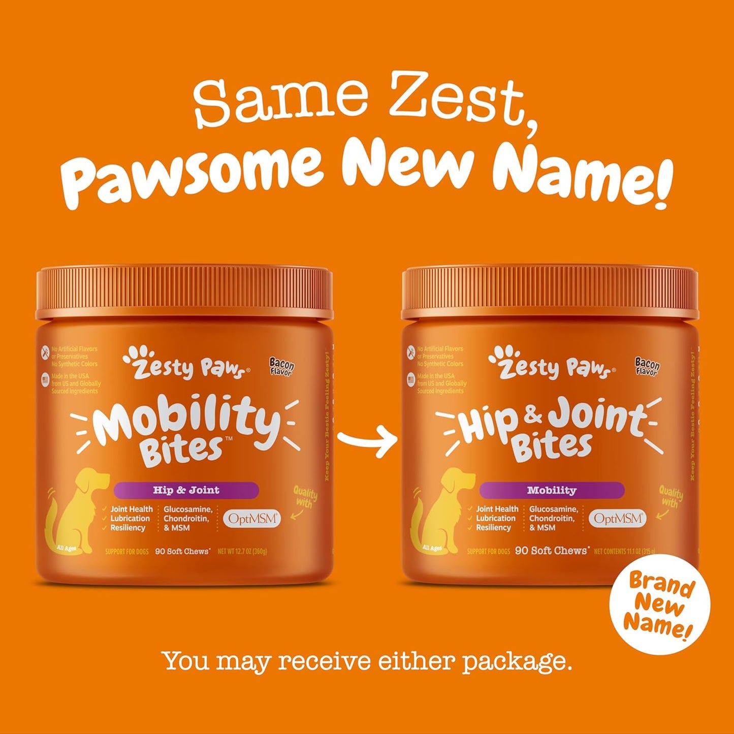 Zesty Paws Hip & Joint Supplement for Dogs – Glucosamine, Chondroitin, MSM & Vitamins, Bacon Flavor, 90 Chews
